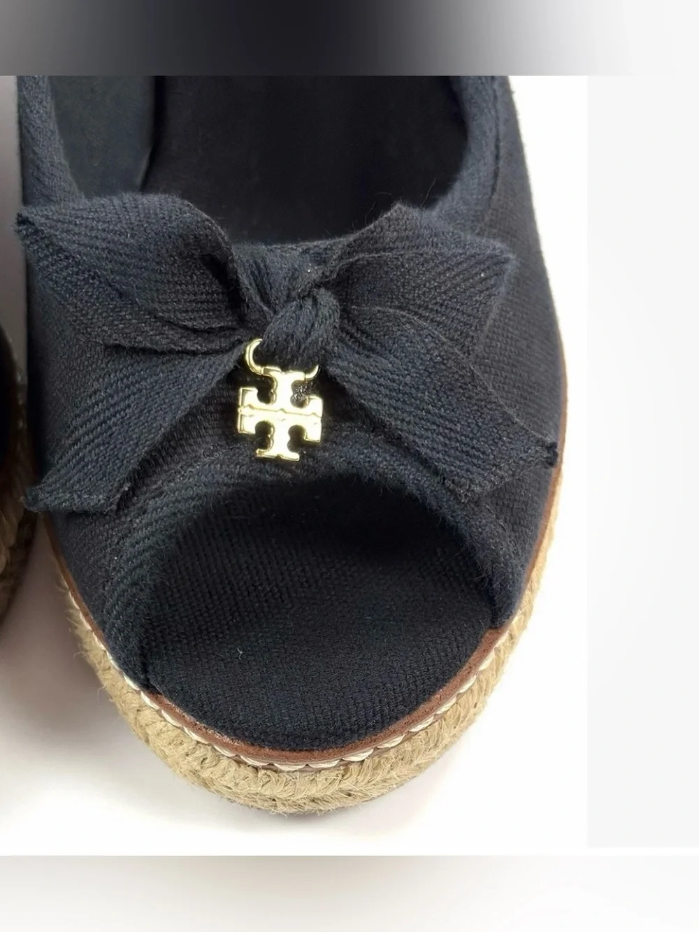 Tory Burch Jackie Espadrille Wedge Pumps Black Canvas Peep Toe Bow Size 8